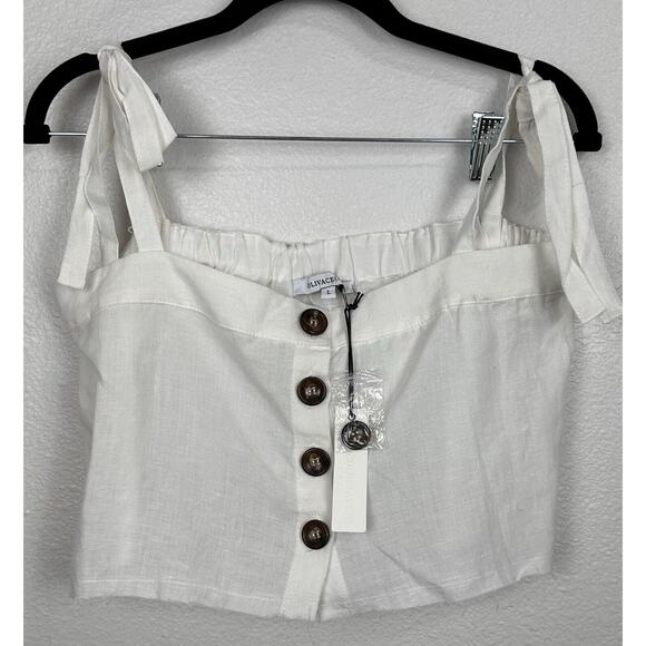 Olivaceous Women’s Ivory Button Front Raw Hem Sleeveless Tie Crop Top Large NWT - Picture 1 of 6